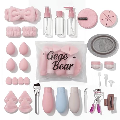 Image of Gege Bear 38-Piece Complete Beauty & Skincare Kit for Women | Spa Headband + Wrist Bands, 18 Sponges & Puffs, 8 Travel Bottles, Collapsible Brush Cleaning Tub, Eyelash Curler, Tweezers, Foundation Brush | All-in-One Makeup Starter & Travel Kit | (Baby Pink, 38 PCS)