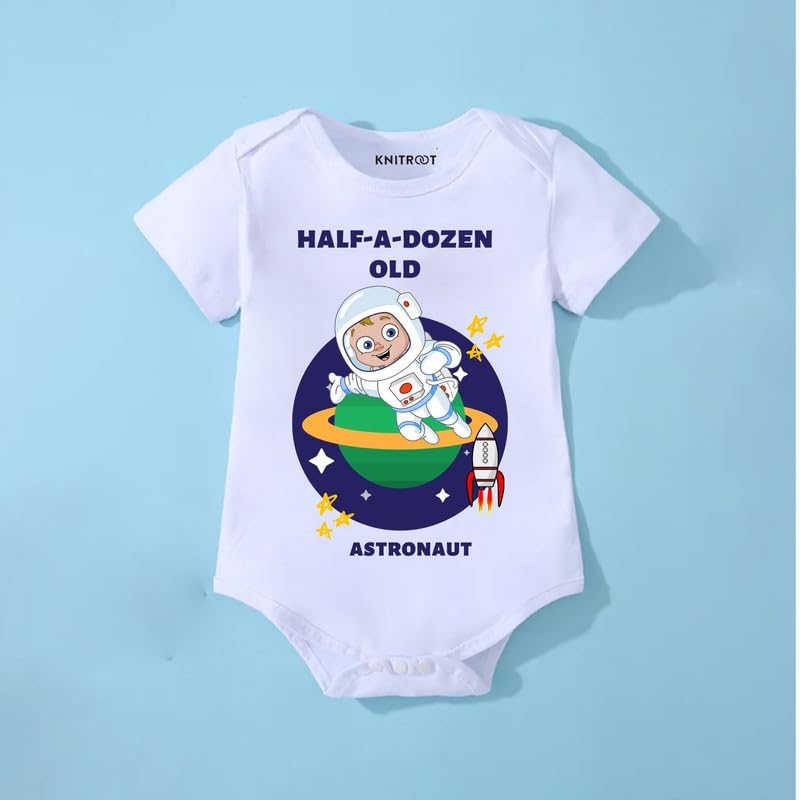 Image of KNITROOT Half Birthday Special Newborn Baby White Color Half Sleeve Unisex 100% Cotton Romper, Sleepsuit, Body Suit, Envelope Neck, Half-A-Dozen Old Astronaut Print, 0-12 Months for Boys & Girls
