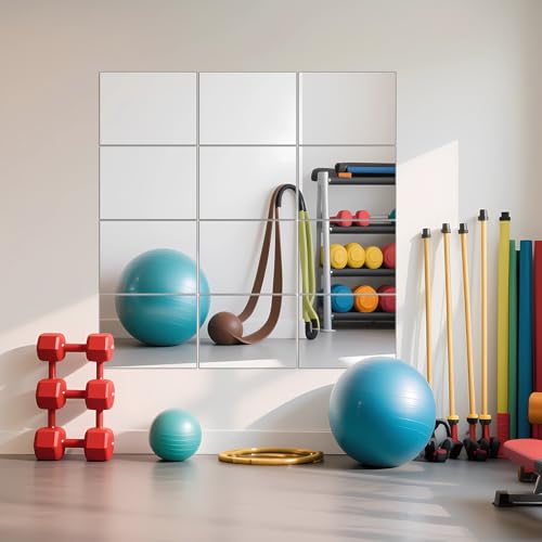 Image of Ruomeng Home Gym Mirror Tiles - 12 inch x 16 inch x 12Pcs Frameless Full Length Wall Mirror Tiles Wall Mounted Mirror for Vanity Bedroom, Living Room