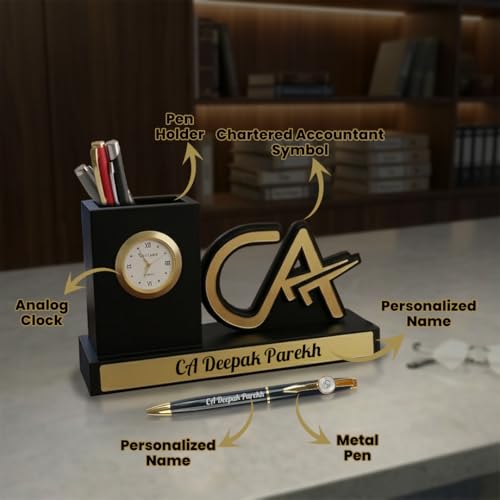 Image of Giftana 2 in 1 Personalized CA Desk Organizer with Pen Gift Set for Men and Women, Customized Pen Stand with Analog Clock, Customised Corporate Gift Set for Employee