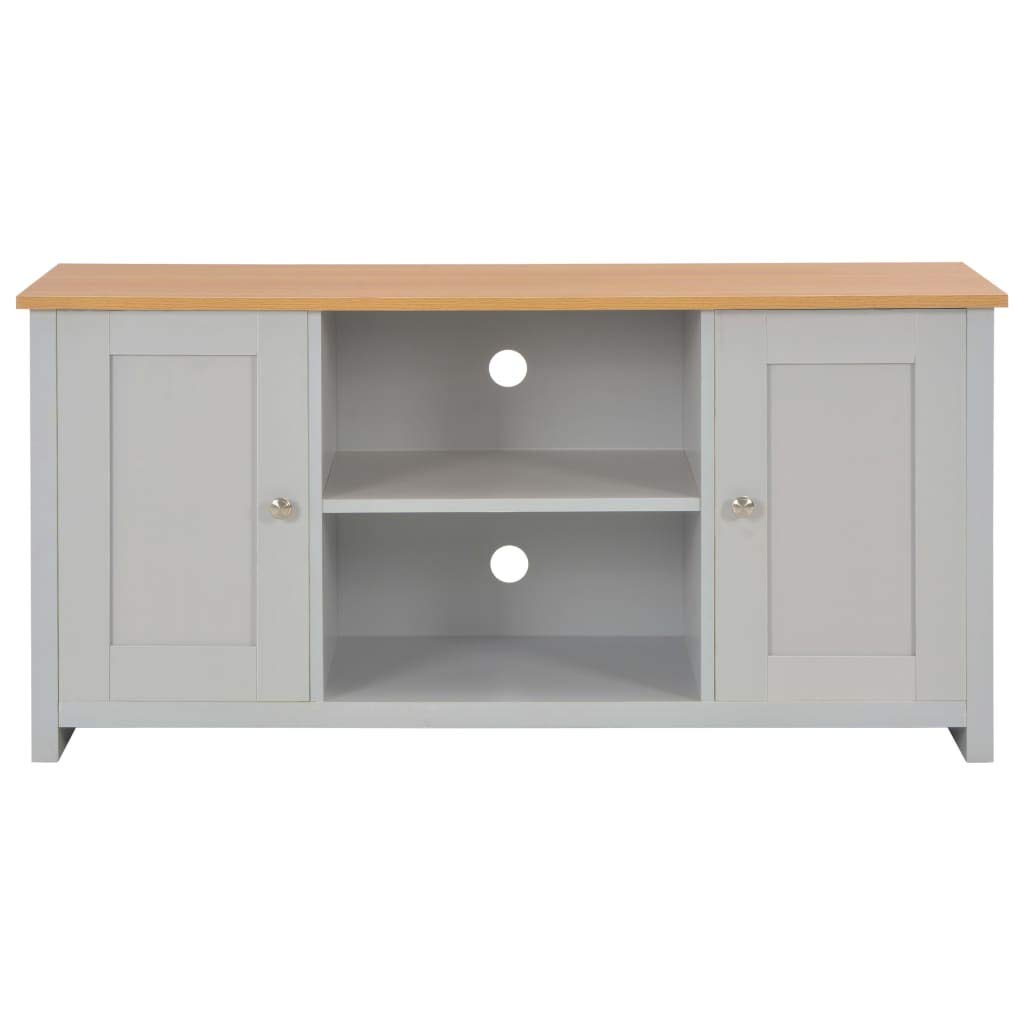 Szafka pod telewizor szara, imitacja naturalnego drewna, 120 x 39 x 58 cm, niska szafka z 2 drzwiami i 2 otwartymi półkami, meble multimedialne do salonu, kina domowego, przepust kablowy
