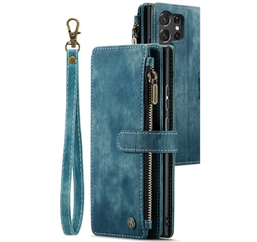 Étui portefeuille en cuir bleu pour Samsung S22 Plus avec fentes cartes