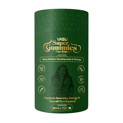 Image of Vasu Super Gummies for Kids (60 Gummies) - Enriched with Kesar, Moringa, Brahmi & Shankhpushpi | Supports Immunity & Gut Health | Pre+Probiotics | DHA, Vitamins & Minerals | No Added Sugar