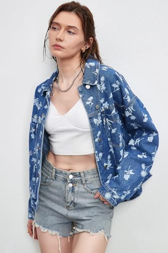 D-Sun Women Casual Printed Denim Jacket Oversized Button Down Long Sleeve Boyfriend Vintage Jean Jacket Coat with Pockets2