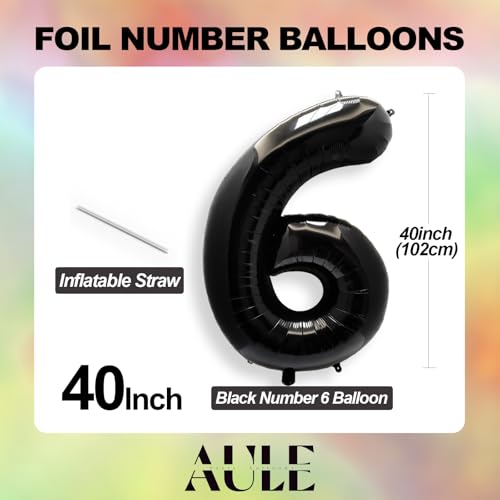 Image of AULE 40 Inch Big Black 6 Balloon Number Large Foil Helium Number Balloons 0-9 Jumbo Giant Happy 6th Birthday Party Decorations for Boy or Girl Huge Mylar Anniversary Party Supplies