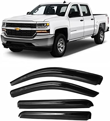 JSP Car Accessories Rain Guards for Silverado Crew Cab 4dr 2014-2018, Full-Size Side Window Vent Visor Wind Deflectors Sun Shade, Tinted Smoke, Outside Tape Mount Shatterproof Acrylic, Set of 4