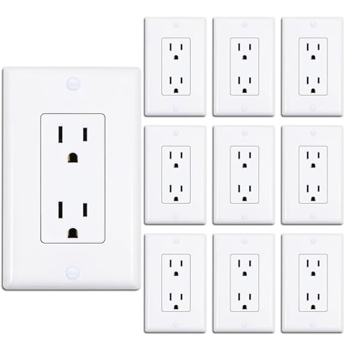ThunderWay Decorator Receptacle Outlet with Wall Plate, Non-Tamper-Resistant Electrical Outlet, 15Amp/125V, Self-Grounding, UL Listed, White (10 Pack)