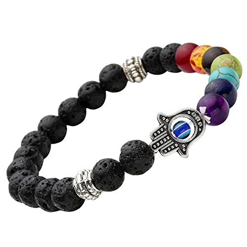 Shining Diva Fashion Spiritual 8mm Lava Rock Beads with 7 Chakra Evil Eye Stylish Unisex Bracelet