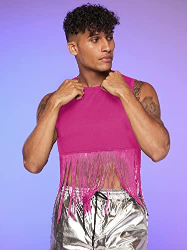 Gorglitter Men's Fringe Hem Crop Tank Top Round Neck Sleeveless Crop Tops Hot Shirts Hot Pink X-Large #TOP2