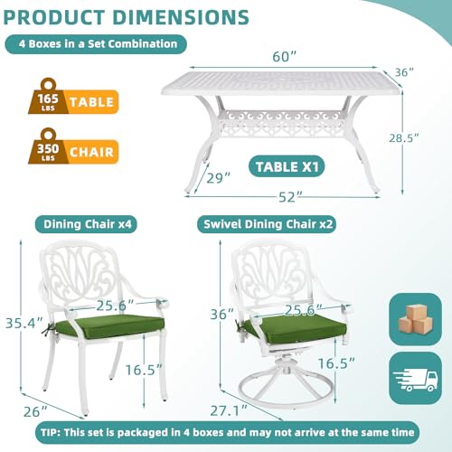 Image of MEETWARM 7-Piece Outdoor Patio Dining Set, All-Weather Cast Aluminum Patio Conversation Set with 2 Swivel Rocker Chairs, 4 Stationary, 1 Rectangular Table, 6 Cushions, 2 inch Umbrella Hole, White