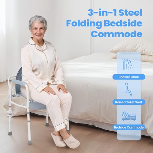 Careboda Toilettenstuhl für Senioren, mit Armlehnen hygienischer Toilettenstuhl, Stählerner Rahmen, 5 verstellbare Höhen, Tragbar, Belastbarkeit bis 136 kg, 7,1 l Auffangbehälter
