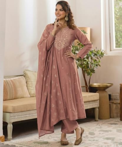 Image of ANNI Designer Women's Viscose Straight Printed Embroidery Kurta with Pant & Dupatta | Long Sleeve Ethnic Kurta Set for Women | Casual Office, Daily, Party Outfits