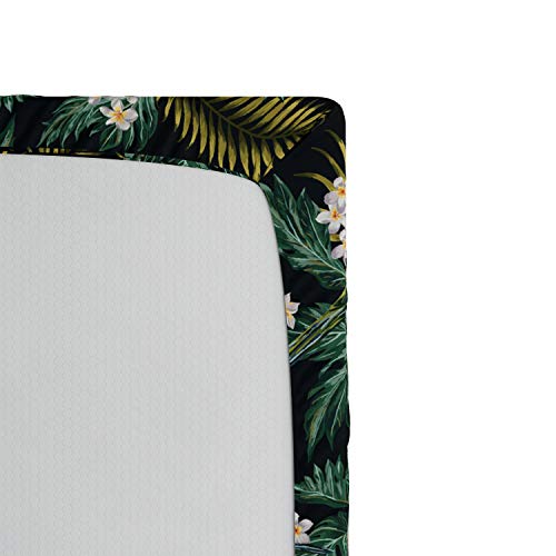 Ambesonne Tropical Fitted Sheet, Hawaiian Pattern With Breadfruit Palm Leaf Plumeria Flower And Exotic Bird On Dark, Soft Decorative Fabric Bedding All-Round Elastic Pocket, Queen Size, Jade Green #TOP2