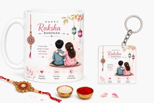 Image of Rakhi Celebration Mug Combo | Brother Sister Ceramic Mug with Square Keychain, Rakhi, Roli & Chawal