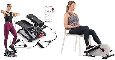 Sunny Health and Fitness Total Body Smart 2-in-1 Stepper Machine w/Resistance Bands + Magnetic Under Desk Elliptical Peddler, Portable Mini with Resistance, LCD Monitor
