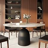 MODUSKYE Round Sintered Stone Dining Table, Half-Cylinder Pattern Dining Table 53' for 6 People in Marble Top Solid Wood Base, Breakfast Nook Modern Table for Home Living Room (Pandol)