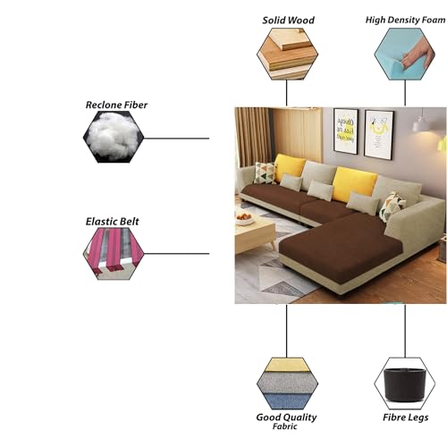 Image of Galib RHS 6 Seater L Shape Sofa Set for Living Room (Cream Brown Fabric) Premium Fabric Sofa
