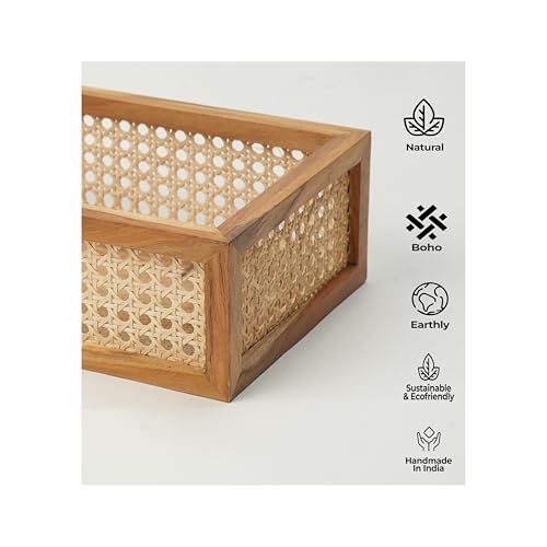 Image of Ikari Homes Rattan Rectangular Mesh Basket For Wardrobe Storage & Decorative Organiser I Handcrafted Premium Teak Wood & Rattan I Modular Storage Basket - Size 12 X 8 X 4 Inch