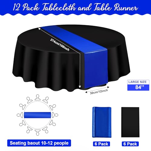 Image of 12Pack 12x108 Inch Satin Table Runner and 84 Inch Round Plastic Tablecloths Set Black and Blue Disposable Round Table Cover for Graduation Wedding Bridal Shower Anniversary Birthday Party Decorations