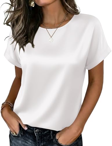 Zeagoo Business Casual Tops for Women Short Sleeve Silk Shirt Business Satin Blouse Basic Crewneck Tshirts Summer Clothes White