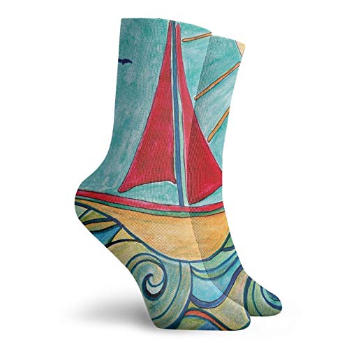 Fashion Compression Socks,Baby Boy Paintings Ship In The Waves Of Ocean Sun Kids Girls Nursery Picture,Performance Polyester Cushioned Athletic Crew Socks for Running,Athletic, -12 inch2