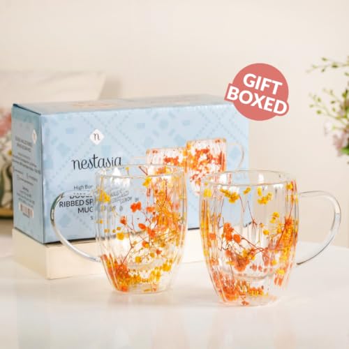 Image of Nestasia Double Wall Glass Mug with Dried Flowers Set of 2 (350ml Each) - Transparent Borosilicate Floral Glass Tea Cups | Lightweight & Durable Coffee Mugs - Perfect for Gifting (Yellow & Orange)
