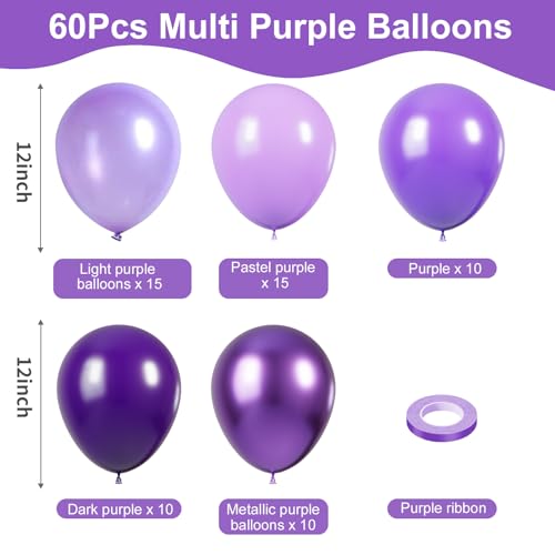Image of KBZVNAF Purple Latex Balloon Set - 60 Packs of 12 Inch Metallic Chrome, Light, Pastel, Dark Purple Balloons with 33 Ft Ribbon for Birthday, Baby Shower, Wedding, Princess Theme Parties