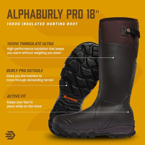 Image of Lacrosse Alphaburly Pro 18 inch Insulated Hunting Boots for Men Featuring Waterproof Rubber, 1600G Thinsulate, and EVA Footbed, Brown - 14 M