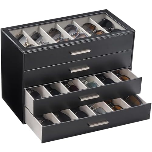 Lolalet Beige Sunglasses Storage Box for Women, Eyewear Eye Glass Organizer with Clear Top Lid Display Holder Case 24 Slots 4-layer Black