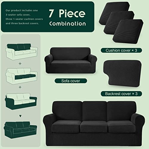 CHUN YI 7 Pieces Stretch Sofa Cover 3 Seater with Three Separate Cushions and Backrests Stylish Jacquard Spandex Fabric Sofa Slipcover for Living Room Furniture Protector(3 Seater,Black) - Image 5