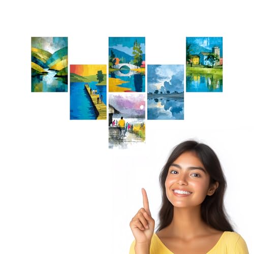 Image of SiddArtify Abstract Landscape Wall Art Prints Set - Modern Scenic Poster Decor for Living Room Office - Set of 2-4x6 Inch - Board (Pack of 6) - Sticker (Pack of 6)