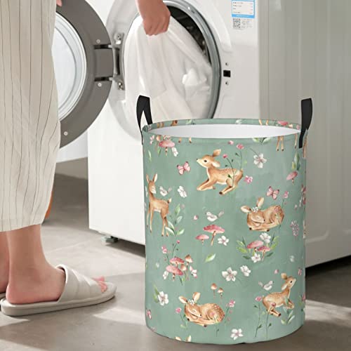 Gbuzozie 38L Round Laundry Hamper Cute Deers Storage Basket Waterproof Coating Woodland Forest Animals Butterflies And Flowers Organizer Bin For Nursery Clothes Toys #TOP7