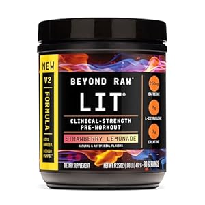 BEYOND RAW LIT V2 Clinical Strength Pre Workout Powder, Hits Harder, Bigger Pumps, Caffeine, L-Citrulline, Creatine, Strawberry Lemonade, 30 Servings