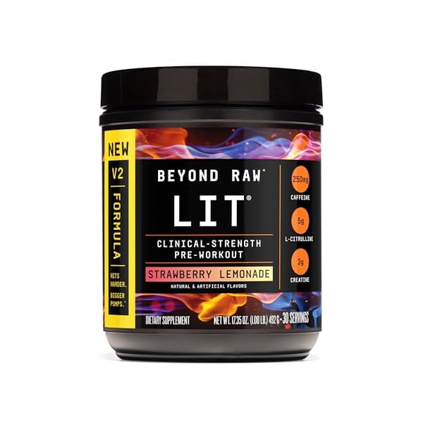 BEYOND RAW LIT V2 Clinical Strength Pre Workout Powder, Hits Harder, Bigger Pumps, Caffeine, L-Citrulline, Creatine, Strawberry Lemonade, 30 Servings