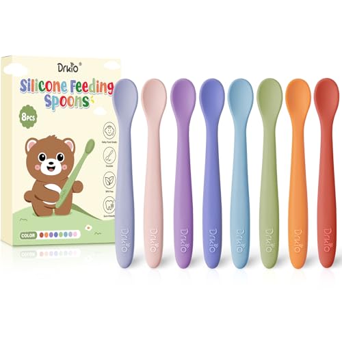 Image of DRKIO 8-Piece Silicone Baby Spoons - Infant Spoons First Stage Self Feeding Baby Led Weaning Supplies Toddler Training Utensils Soft Chewable-Tip Bendable BPA-Free Dishwasher Safe Boil-proof
