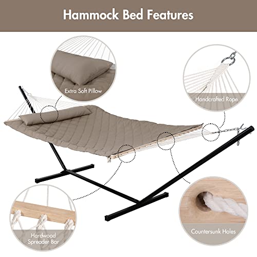 Image of ANOW 2 Person Hammock with 12FT Stand, Heavy Duty Rope Hammock, Light Brown