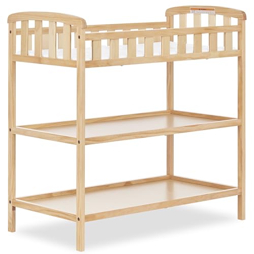 Dream On Me Emily Changing Table, Compact and Portable Solid New Zealand Pinewood, Safety Rails, Two Storage Shelves, Includes Water-Resistant 1" Changing Pad — Natural