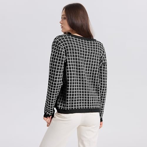Image of Women's Long Sleeve Crew Neck Plaid Cardigan Sweaters Open Front Button Down Classic Knit Soft Coat Tops