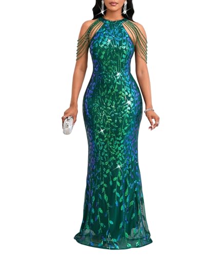 Cololura Women Sequin Halter Tassel Mermaid Formal Maxi Dress Evening Gown