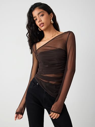 CIDER Going Out Tops Mesh Long Sleeve Top Asymmetrical Neck Sheer Fitted Blouse Tee Crew Neck Tops3
