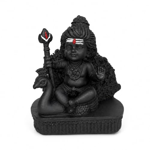 Image of eCraftIndia Lord Kartikeya Ji Idol with Peacock for Home Decor | Black Finish Kartikeya Murti | Spiritual Decorative Showpiece for Temple, Living Room & Gifting