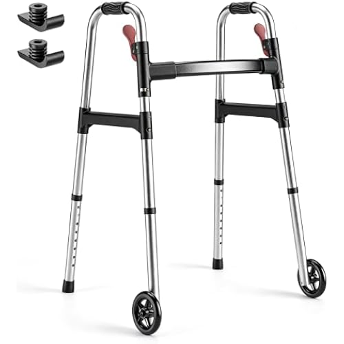 Walkers for Seniors, One-Hand Folding, 8 Height Adjustments, Walkers with Wheels, 2 Skis and 5" Wheels, Lightweight Walker for Seniors, Standard Walkers for Seniors, Aluminum Frame, Silver