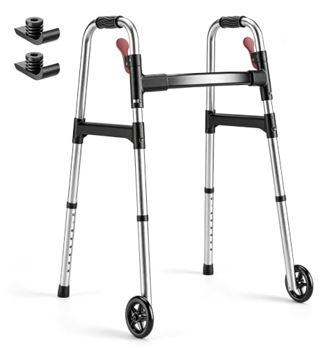 HOMLAND Walkers for Seniors, One-Hand Folding, 8 Height Adjustments, Walkers with Wheels, 2 Skis and 5" Wheels, Lightweight Walker for Seniors, Standard Walkers for Seniors, Aluminum Frame, Silver