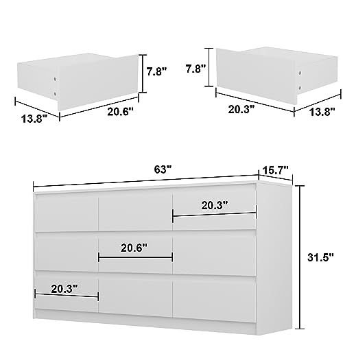 Hitow 9 White Drawer Dressers, Modern Large Dresser for Bedroom Organize, Wooden Long Dresser with 9 Handle Free Drawers, Storage Chest of Drawers for Living Room Office, Ball Bearing Slide (63" W)