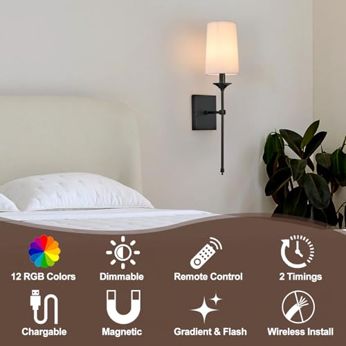 Image of Rechargeable Battery Operated Wall Sconces Set of 2,Easy to Install Cordless Wall Lamps with Bulbs and Remote, Dimmable Black Wall Sconce for Living Room Decor