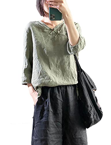 NFYM Chemisier ample en lin à manches 3/4 pour femme - Style rétro - Grenouille chinoise, vert, Taille Unique Cover