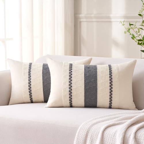 Aisybaklyn Boho Funda Cojin Gris 30x50 cm Moderno Raya Cojín Sofa Algodón Lino Raya Textura Tejida Fundas Cojines 2 Piezas para Bohemia Campo Decoracion Sala de Estar Sofás Dormitorio