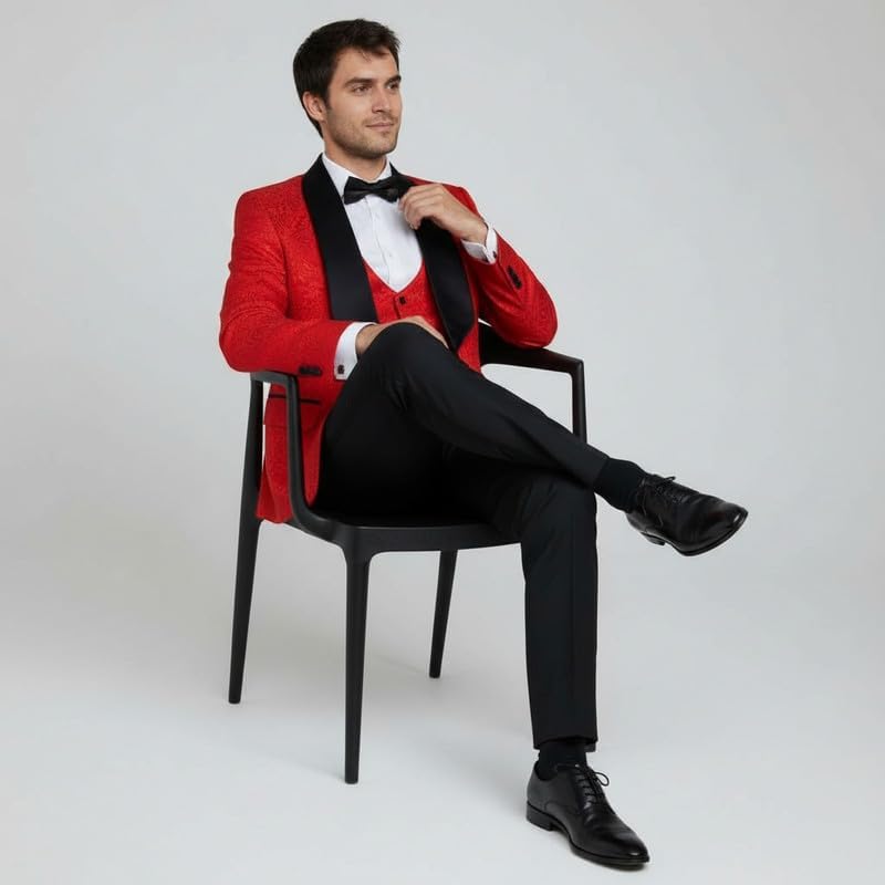 HBDesign Men's 3 Piece Tuxedo Embossed Fabric Black Satin Lapel Formal Suit for Special Events