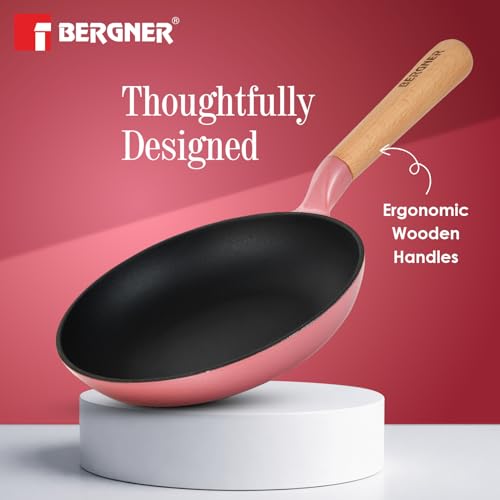 Image of BERGNER Excalibur Lightweight Cast Iron Frypan 18cm, Sturdy Wooden Handle, Non-Stick Coating, PFAS Free, Perfect Heat Distribution, Elegant Design - Induction and Gas Stove Ready (Pink)