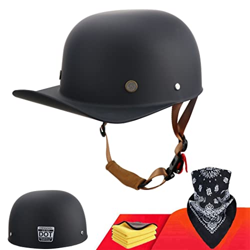 Dot Certified - Baseball Cap Style Retro Motorcycle Helmet Unisex-Adult For Moped Cap Jet Scooter Street Cruiser With Mask Towel (L,Matte Black) #TOP25